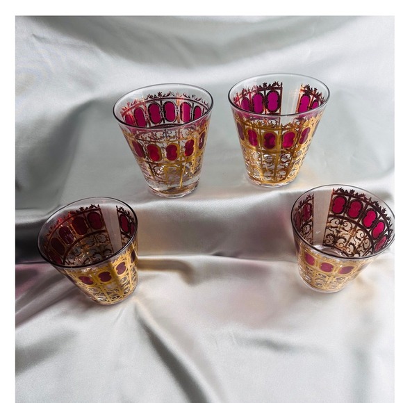 Culver Other - Culver Cranberry Scroll 22KT Gold Flared Rocks Whiskey Lowball Glasses 4 MCM
